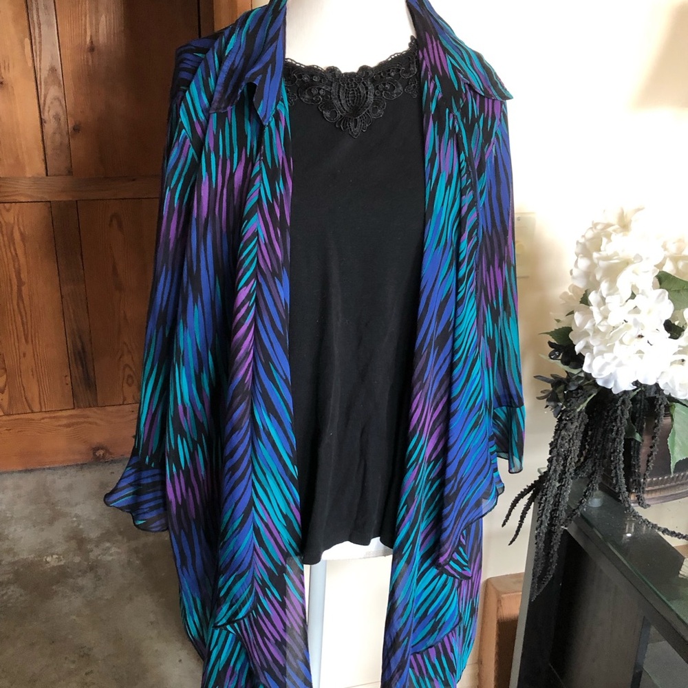 Maggie Barnes Blue and Purple Shrug with Artistic Design